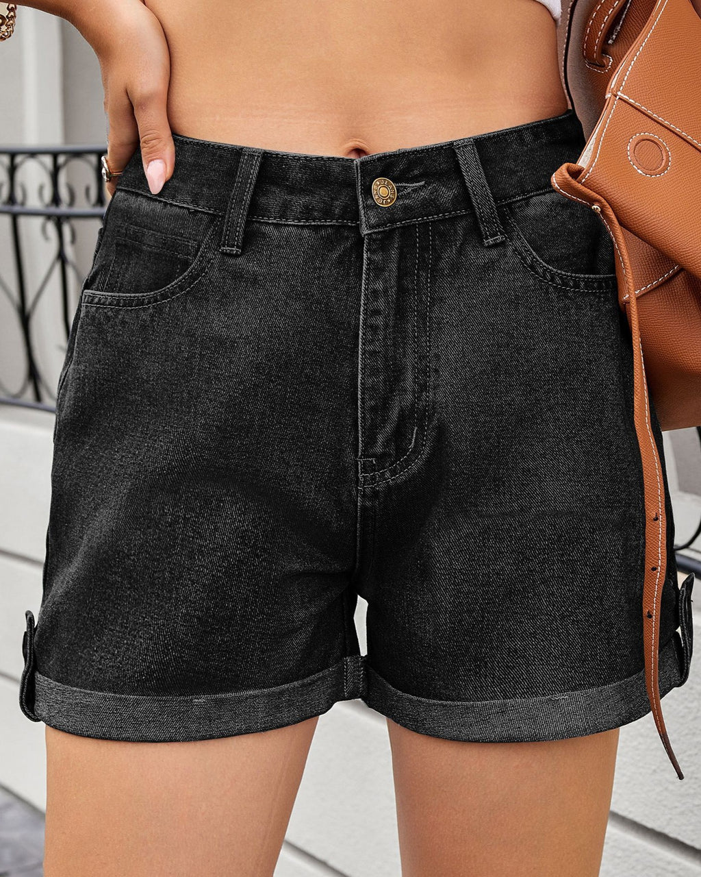 High Waist Denim Shorts With Rolled Hem - Black - 1