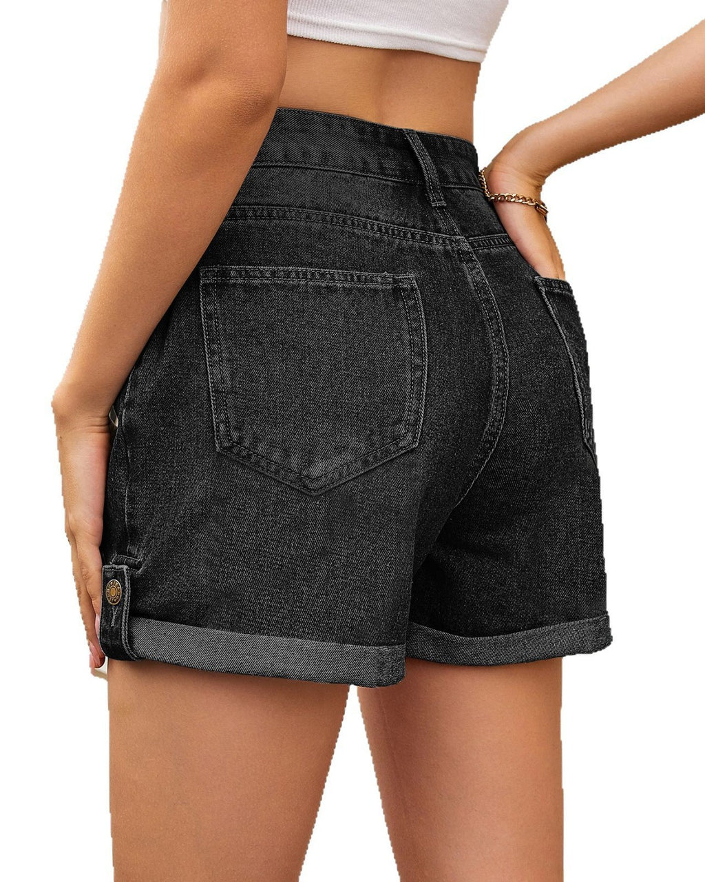 High Waist Denim Shorts With Rolled Hem - Black - 3