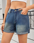 High Waist Denim Shorts With Rolled Hem - Blue