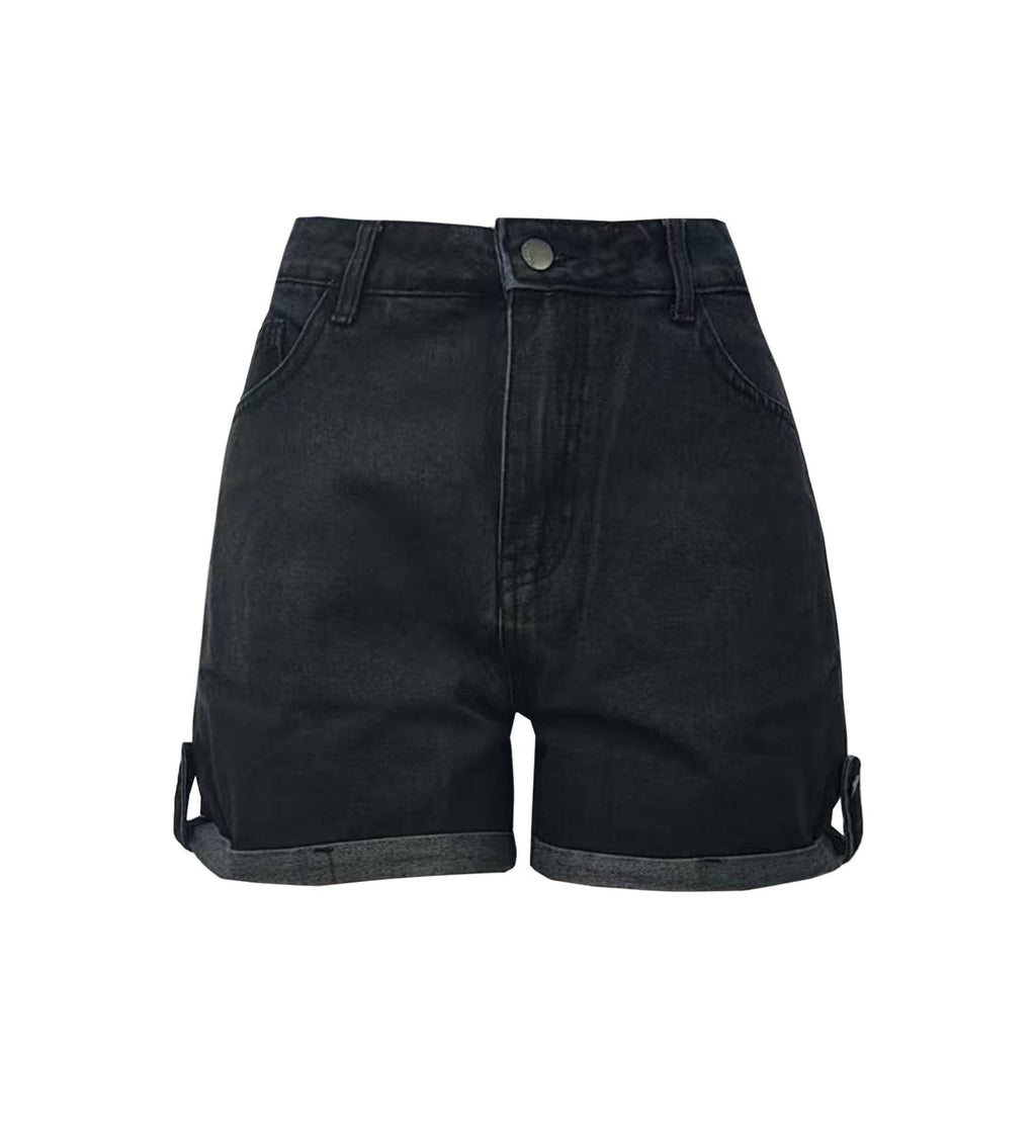 High Waist Denim Shorts With Rolled Hem