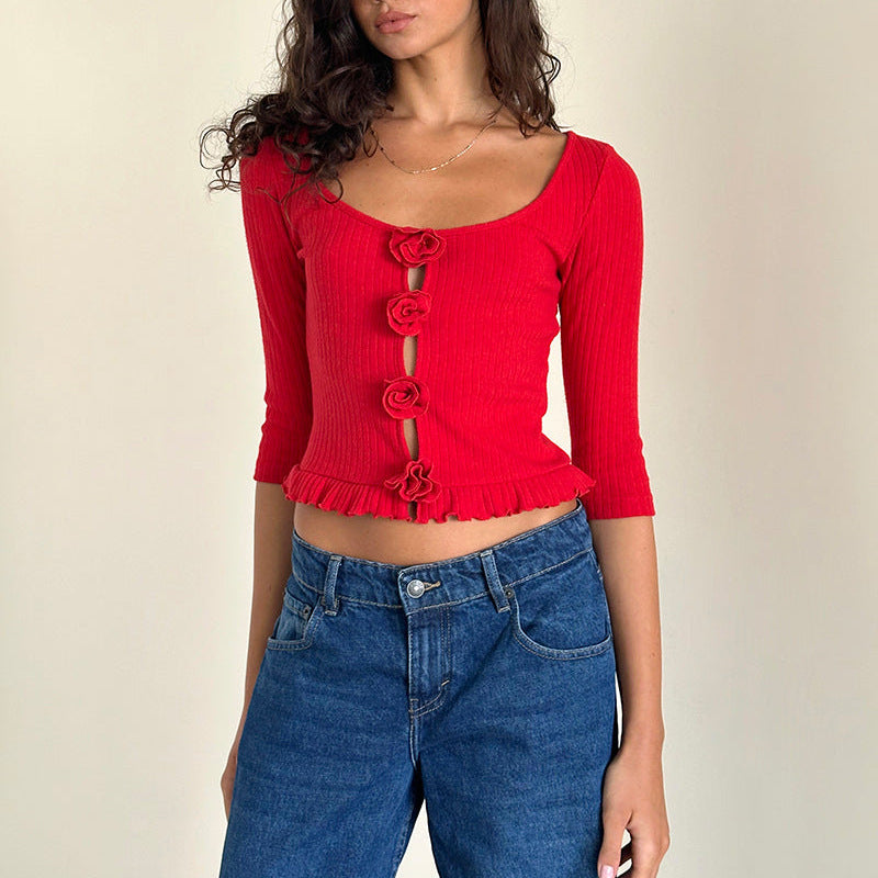 Rosette Trim Ribbed Cropped Blouse - Red - 1
