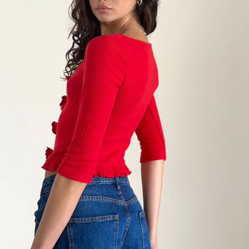 Rosette Trim Ribbed Cropped Blouse - Red - 2