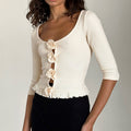 Rosette Trim Ribbed Cropped Blouse - White