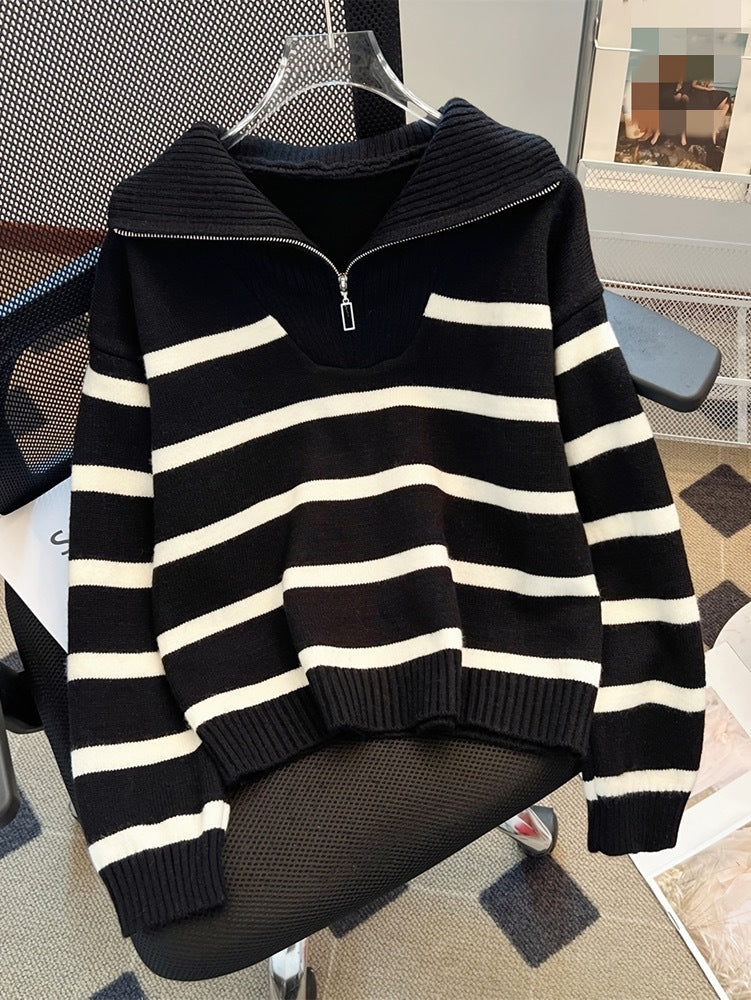 Striped Half Zip Funnel Neck Sweater - Black
