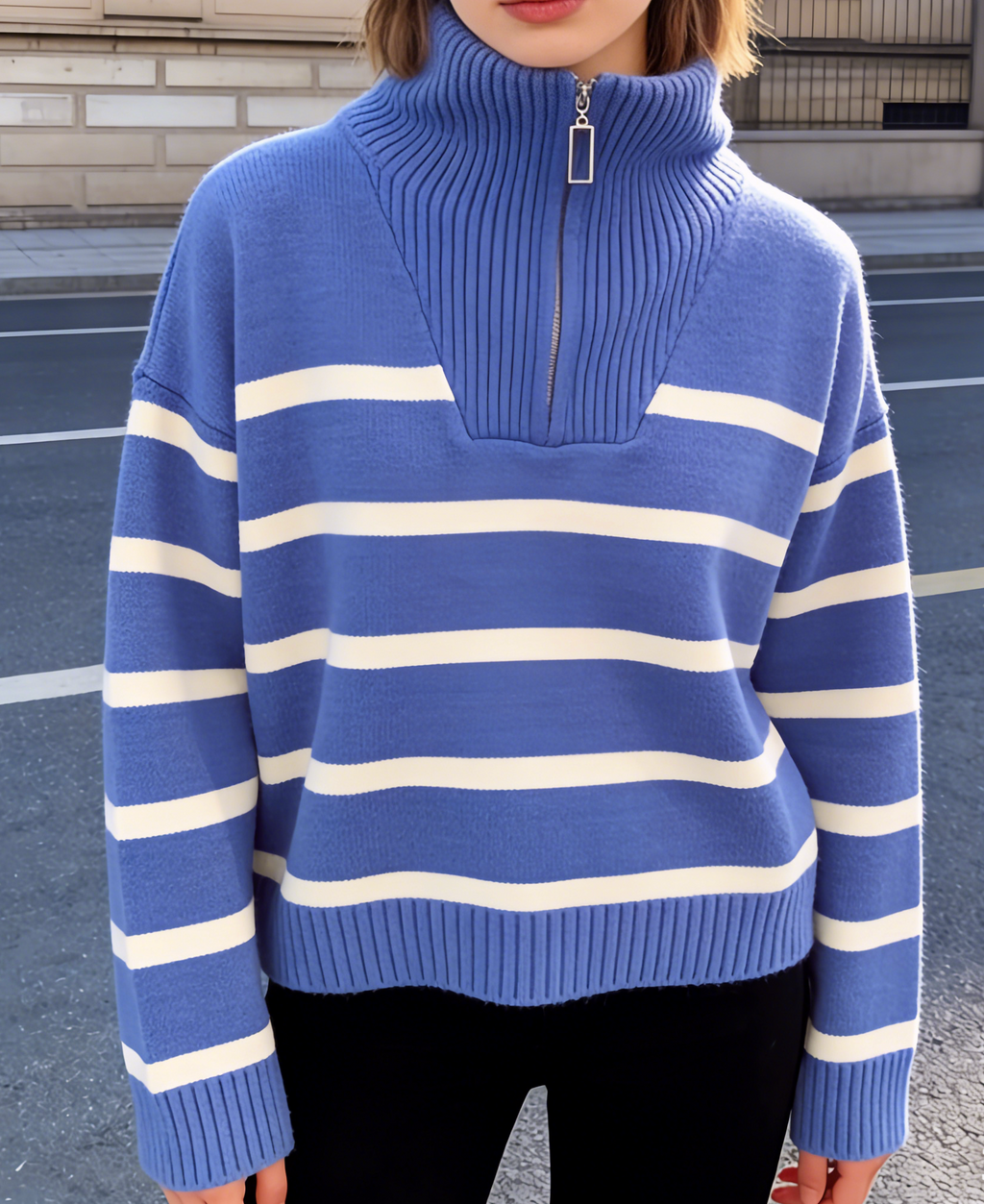 Striped Half Zip Funnel Neck Sweater - Blue - 2