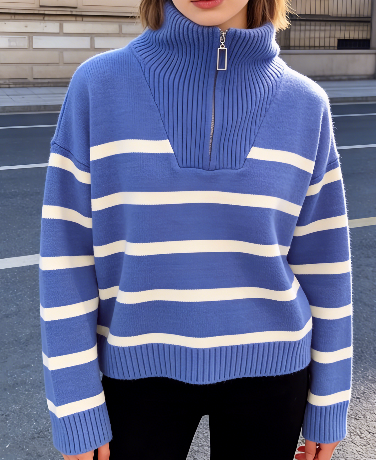 Striped Half Zip Funnel Neck Sweater - Blue - 2