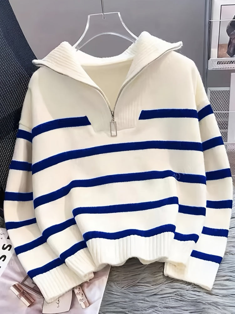 Striped Half Zip Funnel Neck Sweater - DarkBlue
