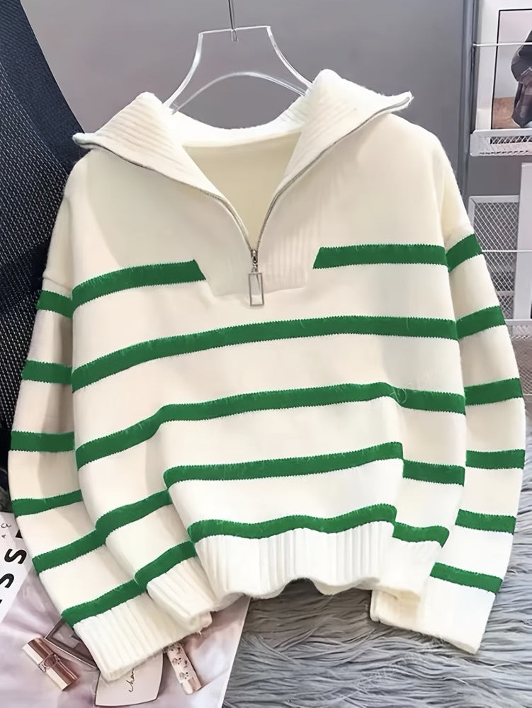 Striped Half Zip Funnel Neck Sweater - Green