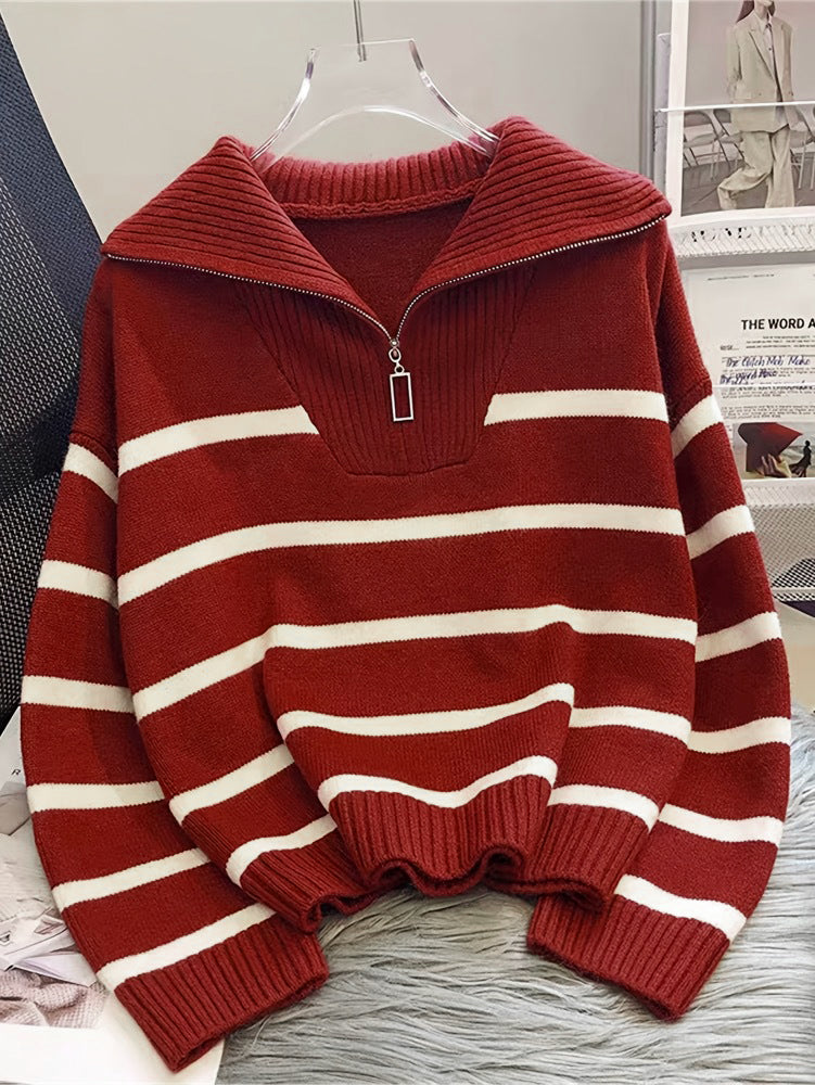 Striped Half Zip Funnel Neck Sweater - Red