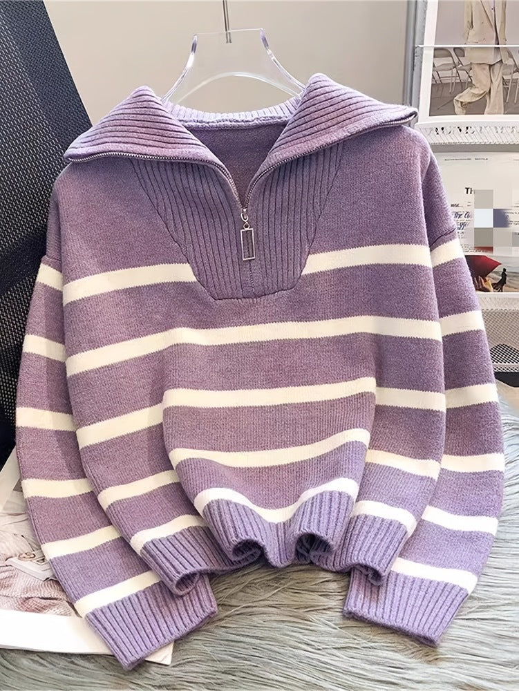 Striped Half Zip Funnel Neck Sweater - Violet