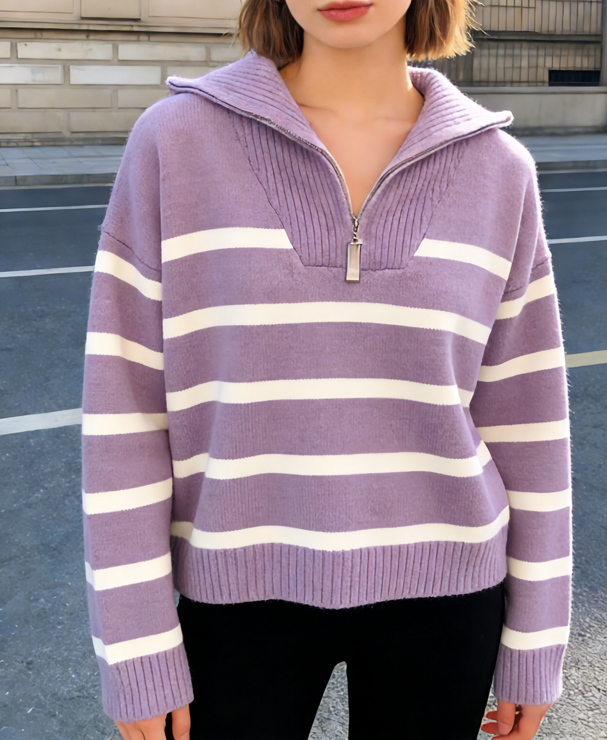 Striped Half Zip Funnel Neck Sweater - Violet - 1
