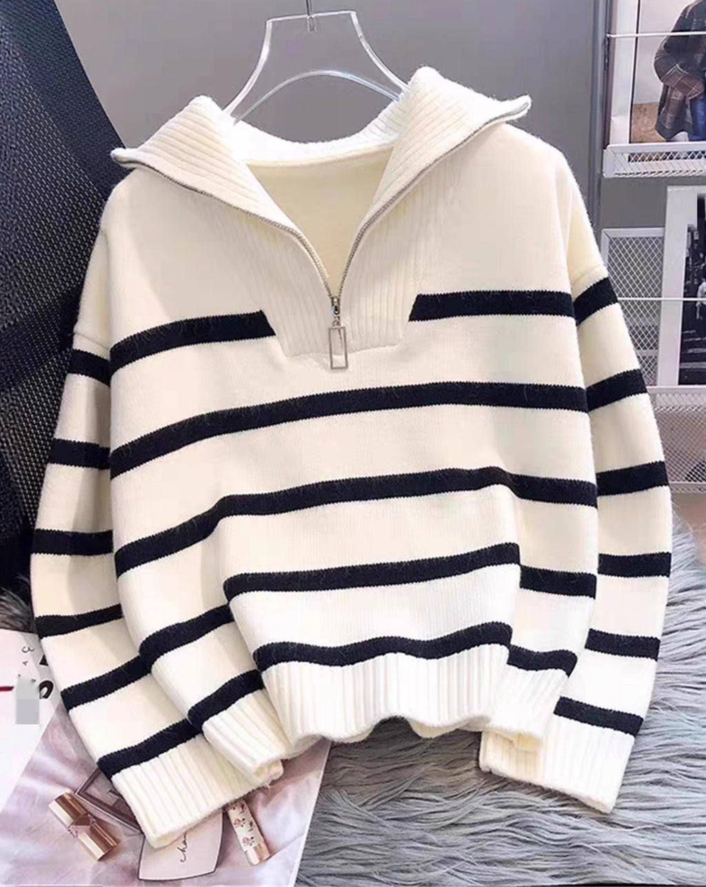 Striped Half Zip Funnel Neck Sweater - White