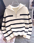 Striped Half Zip Funnel Neck Sweater - White
