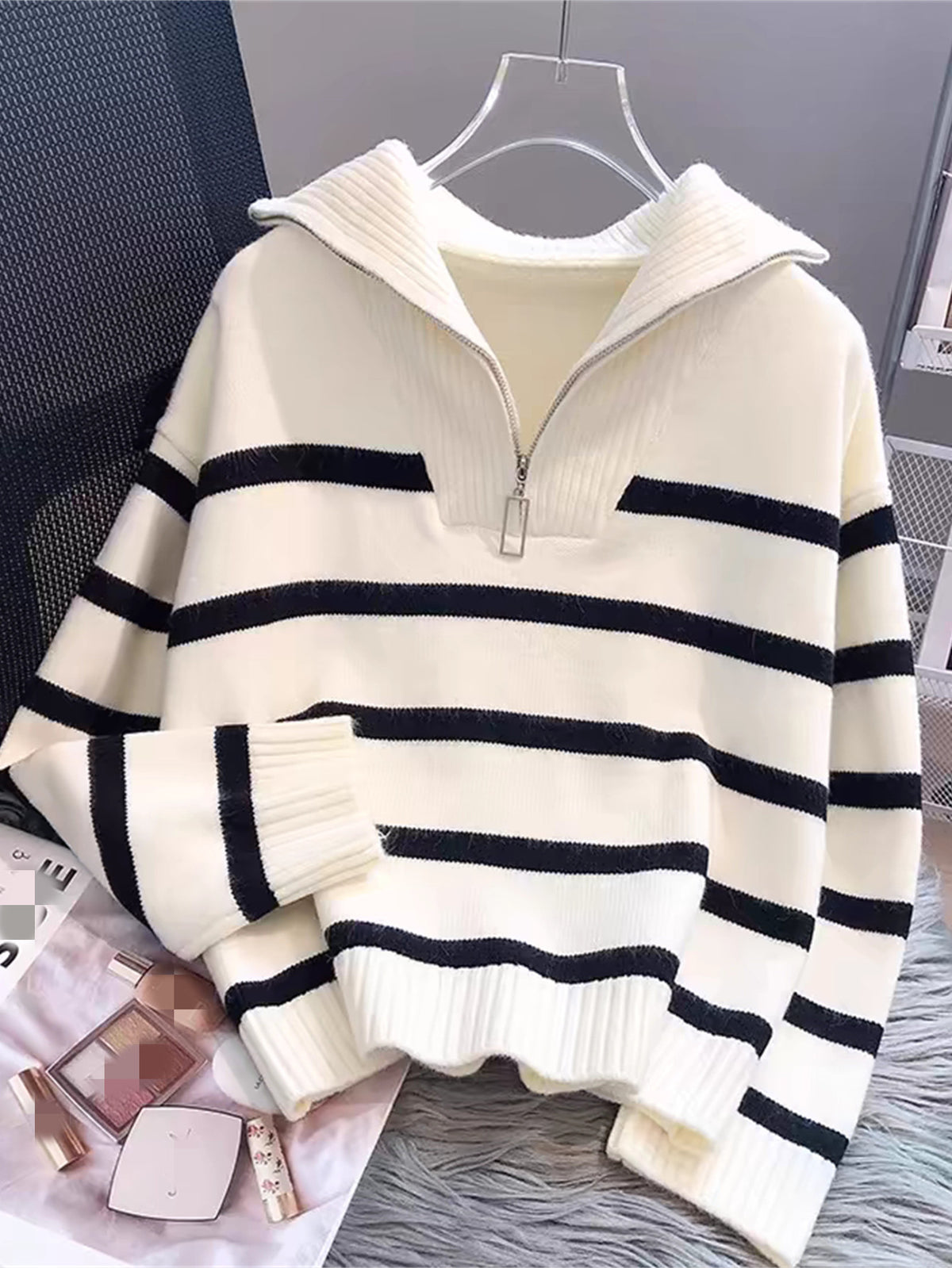 Striped Half Zip Funnel Neck Sweater - White - 1