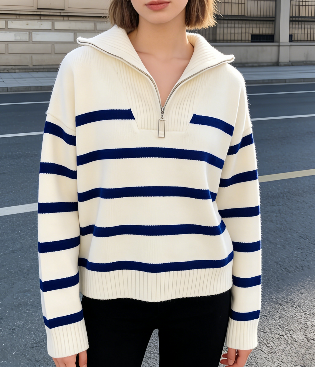 Striped Half Zip Funnel Neck Sweater - White - 2