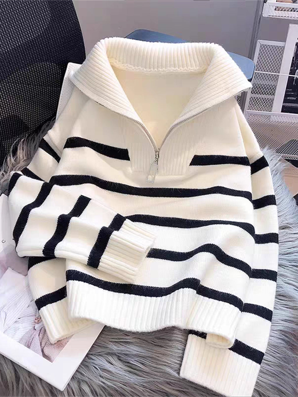 Striped Half Zip Funnel Neck Sweater - White - 3