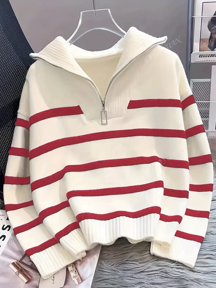 Striped Half Zip Funnel Neck Sweater - Wine_red