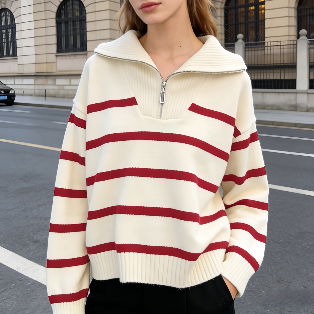 Striped Half Zip Funnel Neck Sweater - Wine_red - 1
