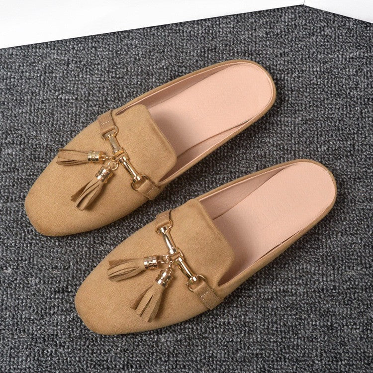 Tassel Bit Faux Suede Loafer Mules - Camel