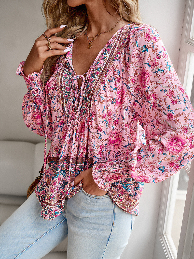 Boho Floral Tie Neck Long Sleeve Shirt - Pink