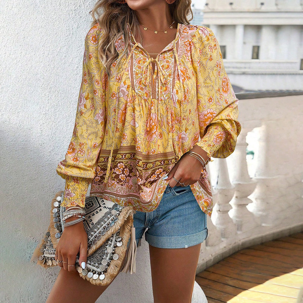 Boho Floral Tie Neck Long Sleeve Shirt - Yellow