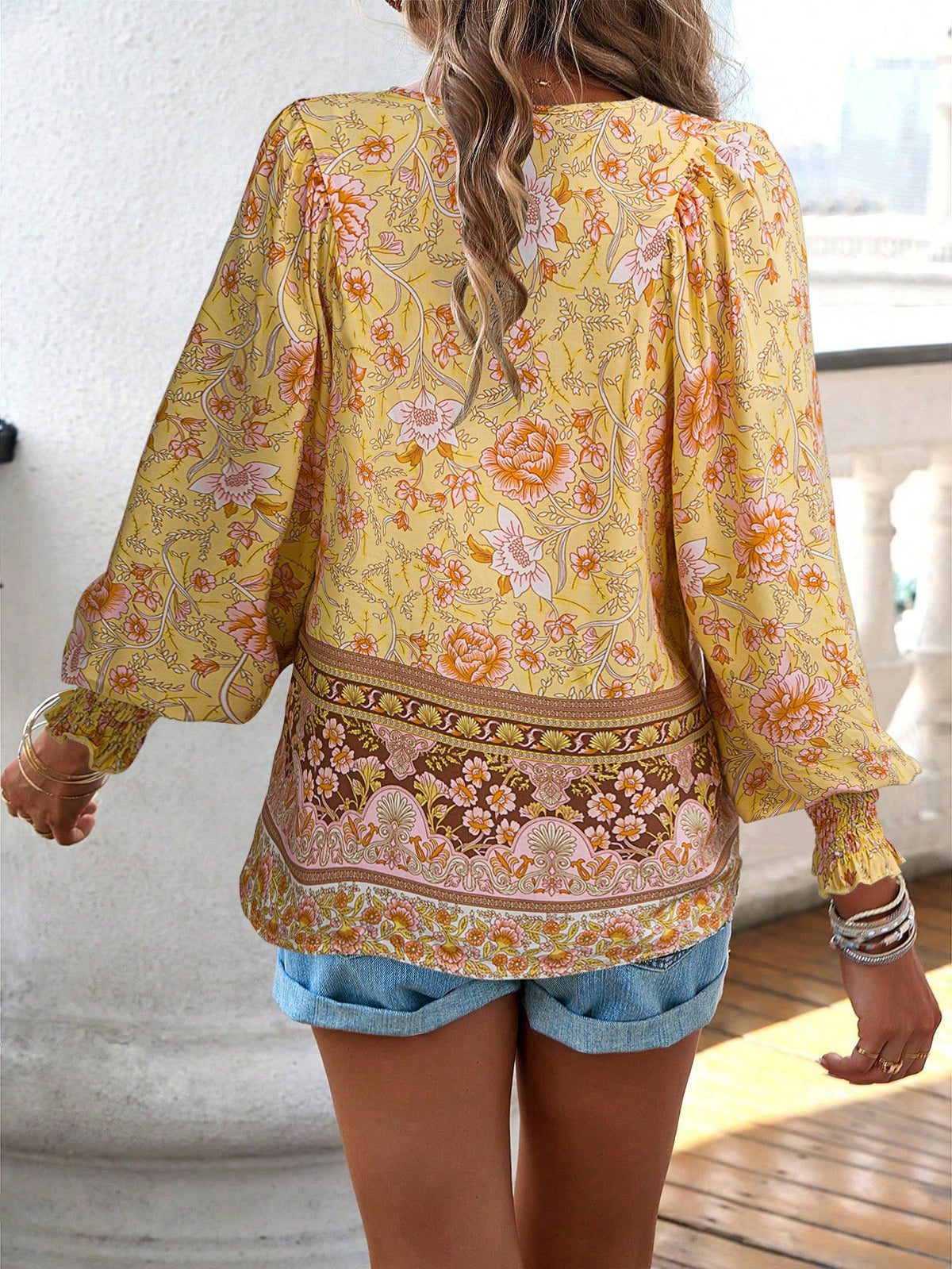 Boho Floral Tie Neck Long Sleeve Shirt