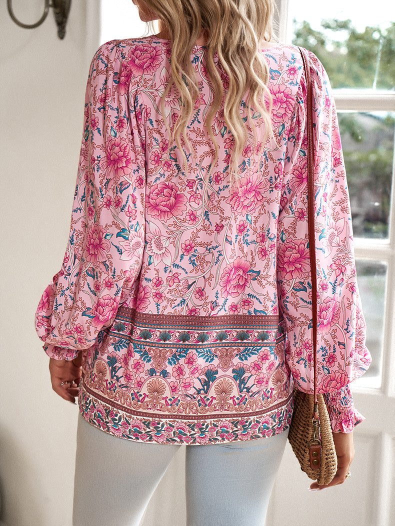 Boho Floral Tie Neck Long Sleeve Shirt - view 3
