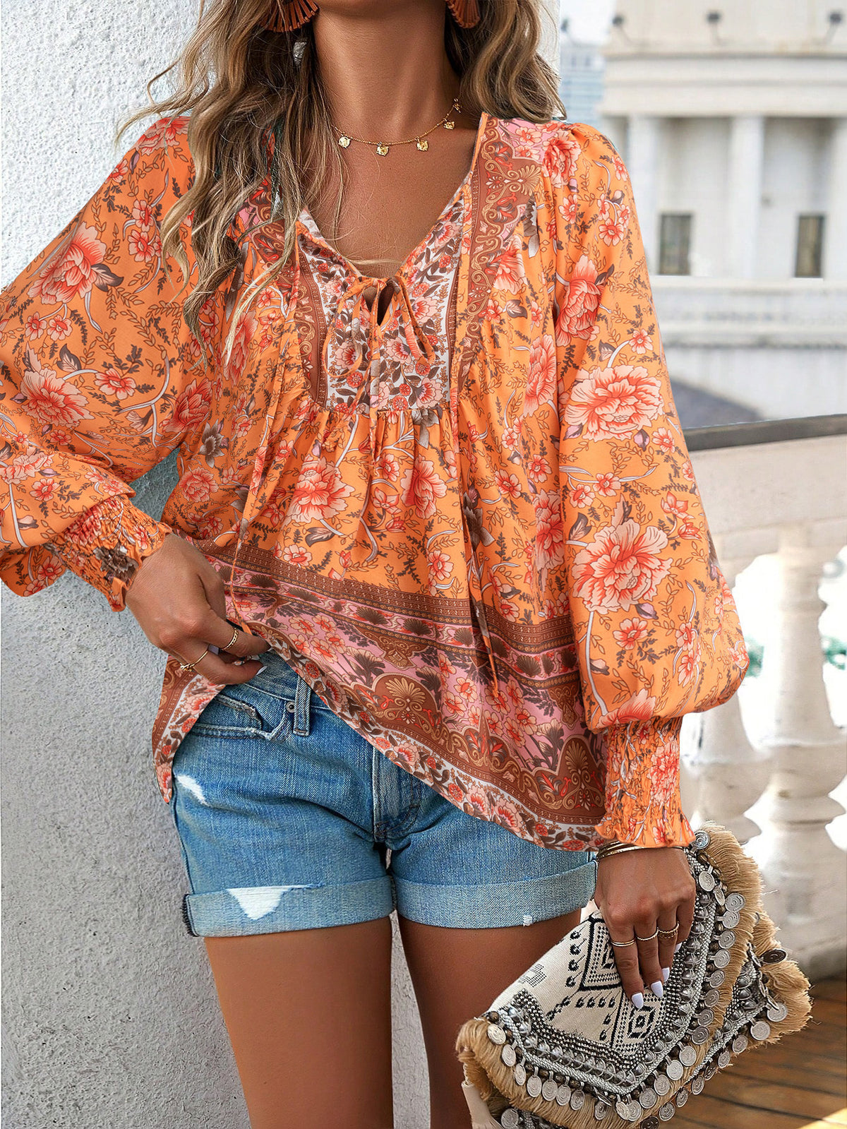 Boho Floral Tie Neck Long Sleeve Shirt - view 6