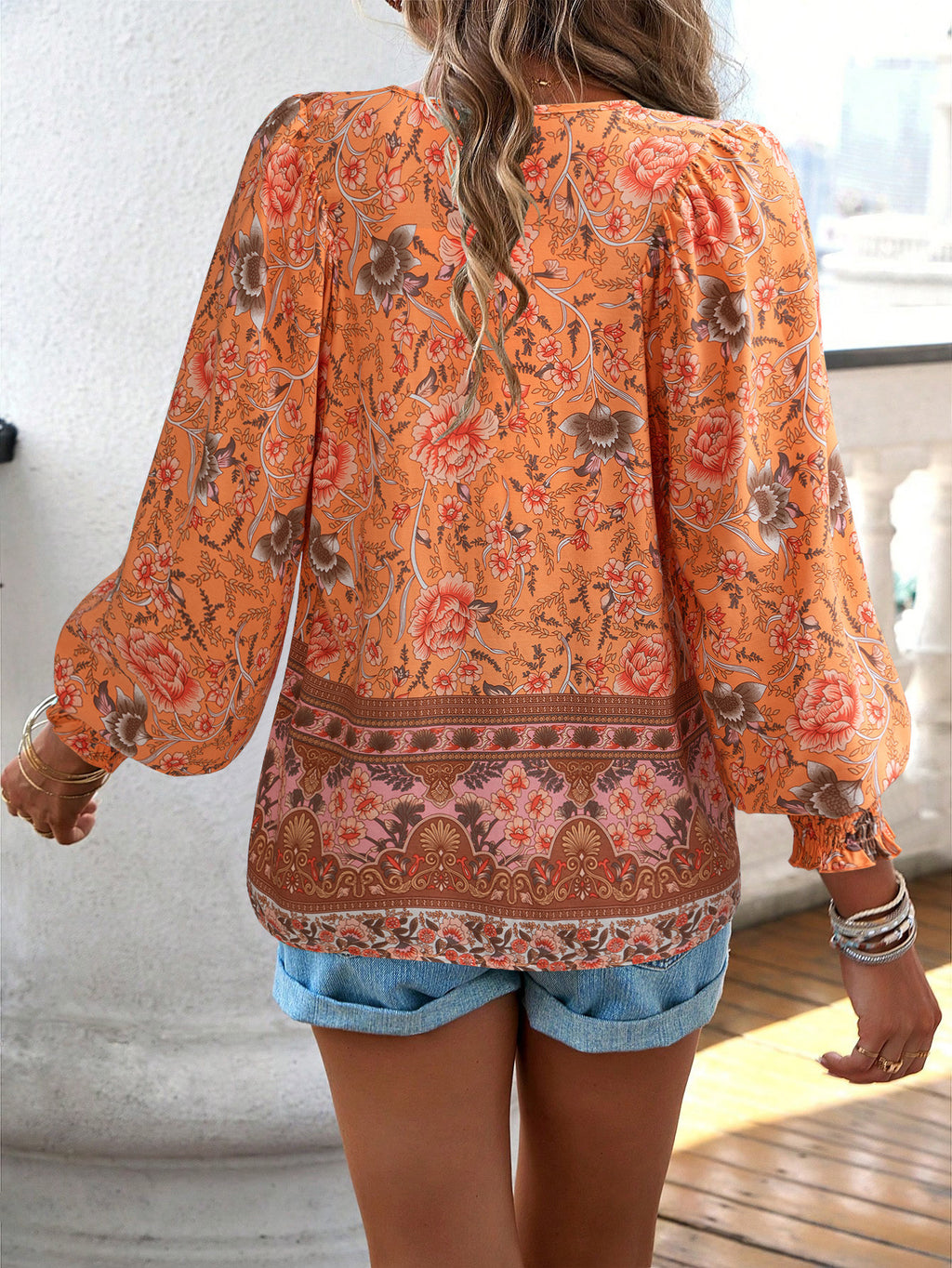 Boho Floral Tie Neck Long Sleeve Shirt - view 7