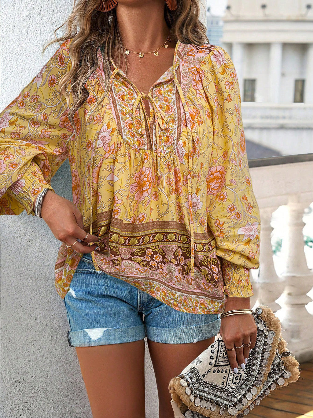 Boho Floral Tie Neck Long Sleeve Shirt - view 9