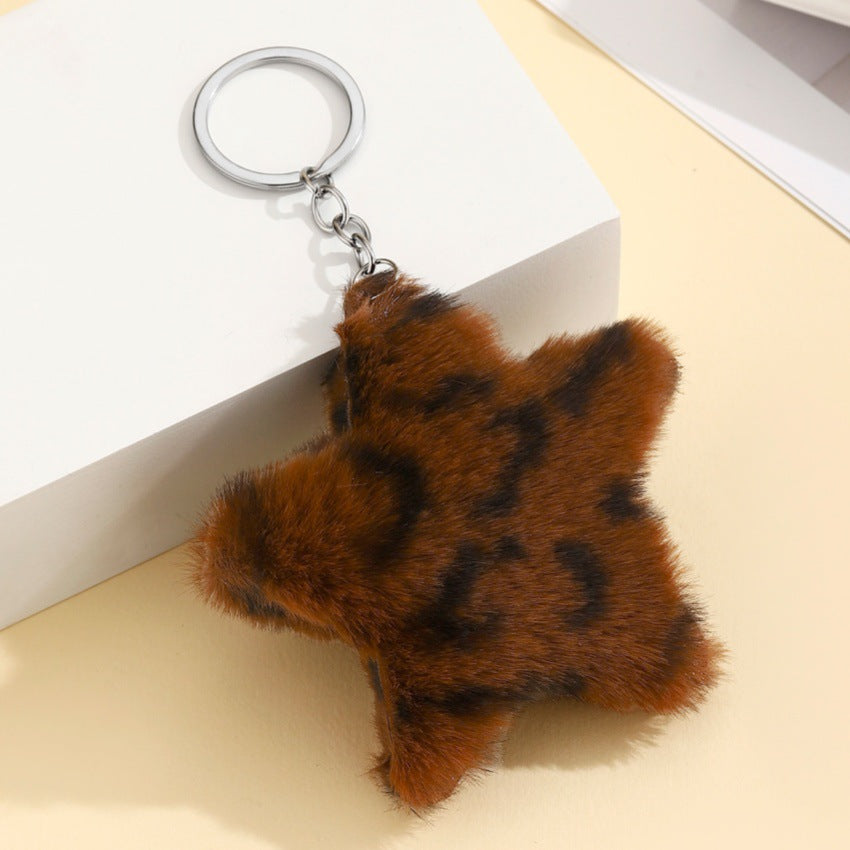 Leopard Plush Star Bag Charm Key Ring - DarkCoffee