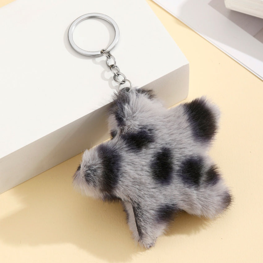 Leopard Plush Star Bag Charm Key Ring - Grey