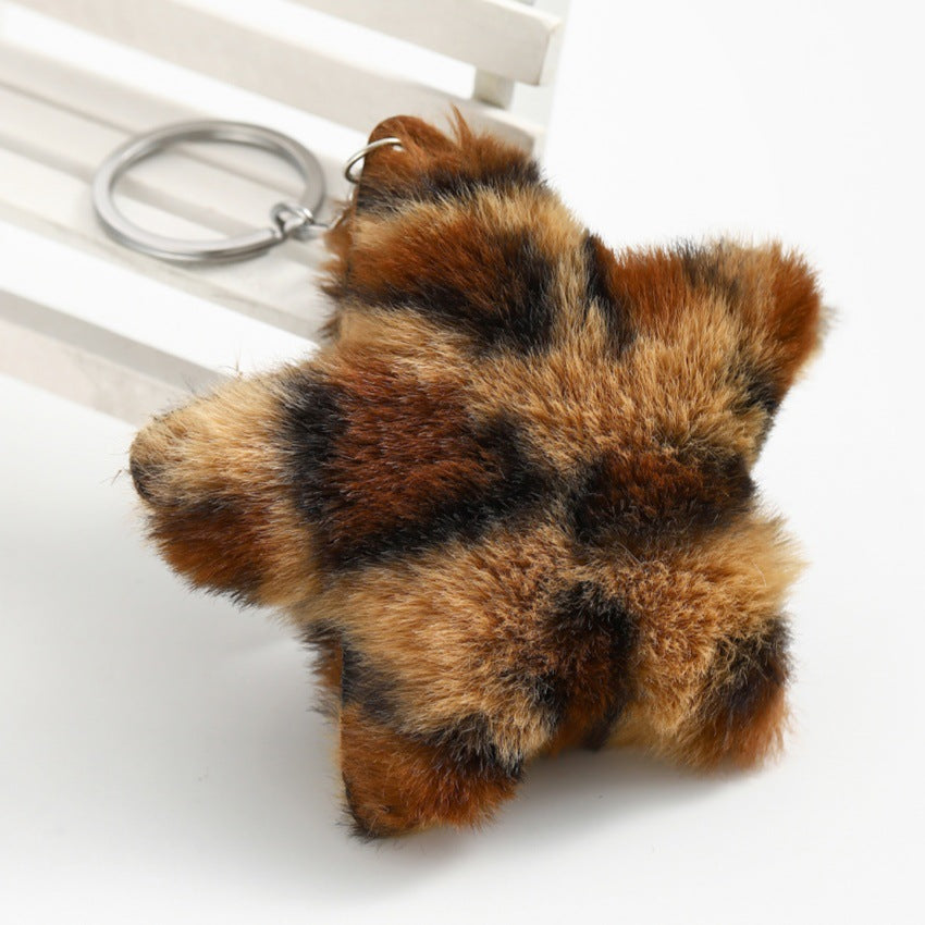 Leopard Plush Star Bag Charm Key Ring - Khaki