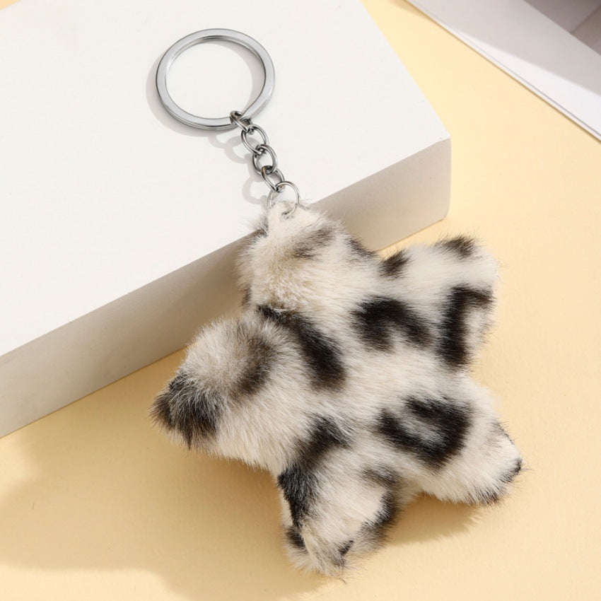Leopard Plush Star Bag Charm Key Ring - Off-White
