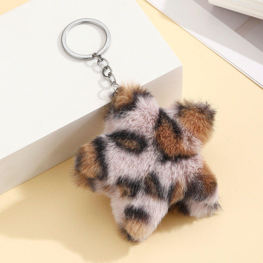 Leopard Plush Star Bag Charm Key Ring - Pink