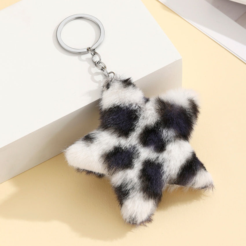 Leopard Plush Star Bag Charm Key Ring - White