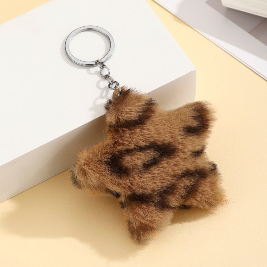 Leopard Plush Star Bag Charm Key Ring - Yellow