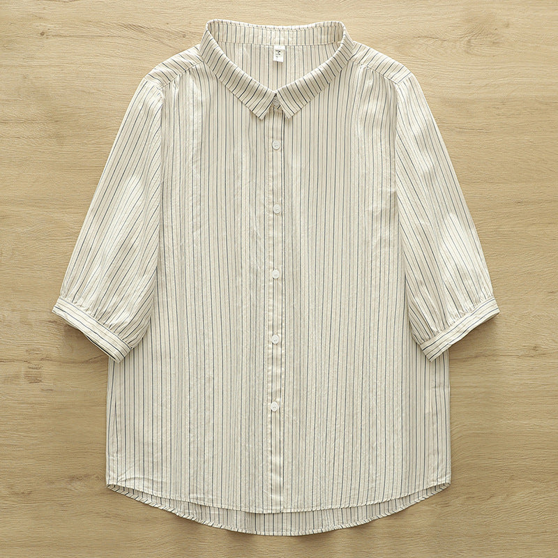 Fine Stripe Double Gauze Button Up Shirt - Beige