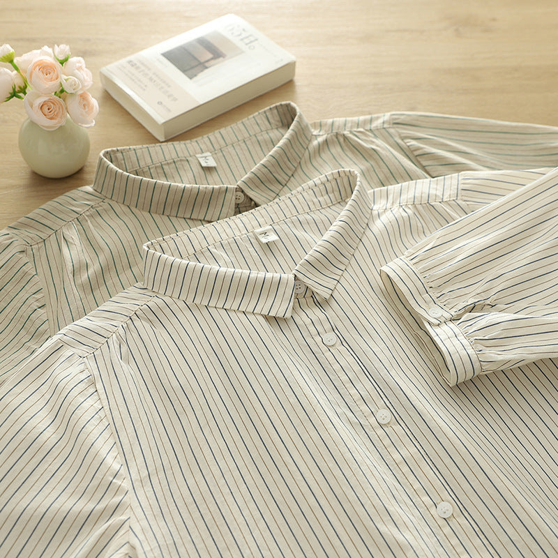 Fine Stripe Double Gauze Button Up Shirt - Beige - 1