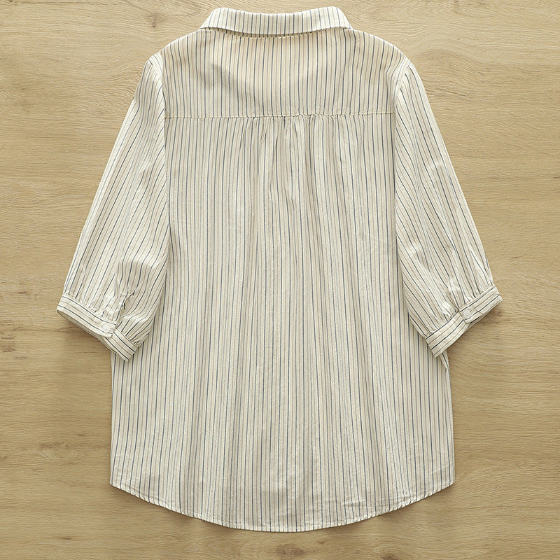 Fine Stripe Double Gauze Button Up Shirt - Beige - 3