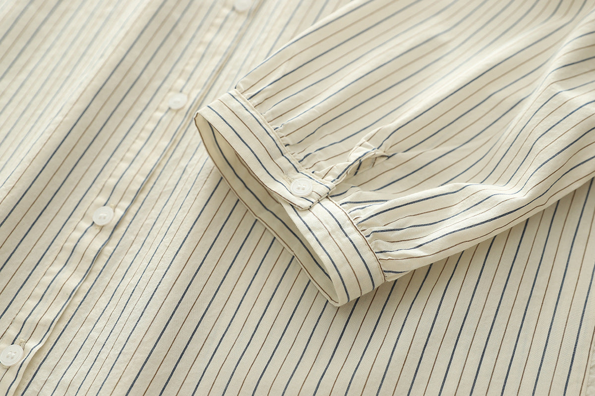Fine Stripe Double Gauze Button Up Shirt - Beige - 7