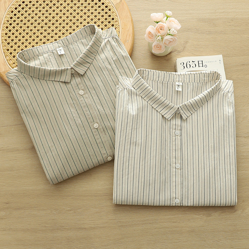 Fine Stripe Double Gauze Button Up Shirt - Tan - 2