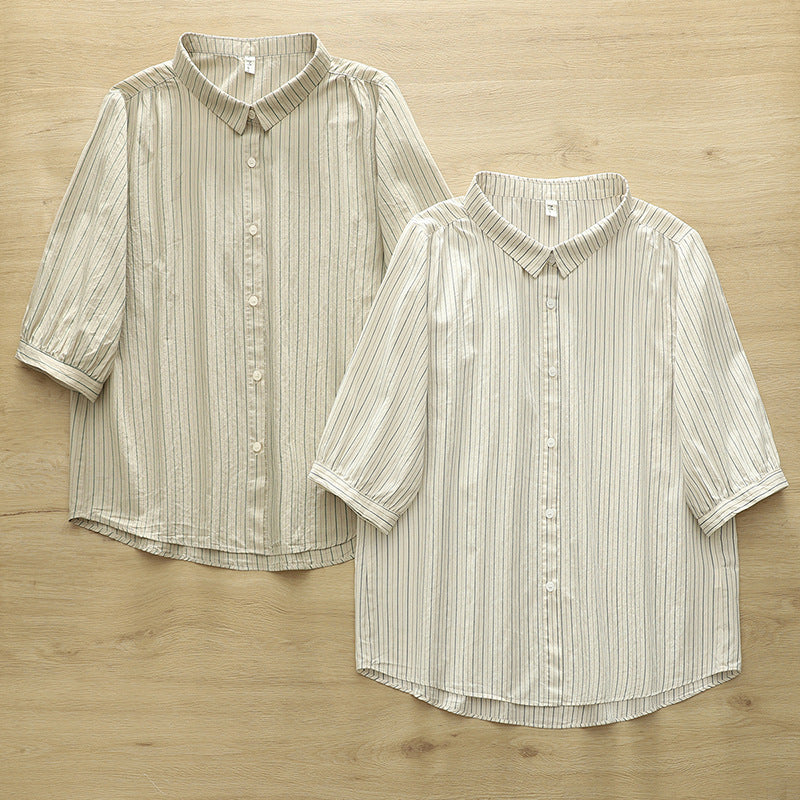Fine Stripe Double Gauze Button Up Shirt - Tan - 4