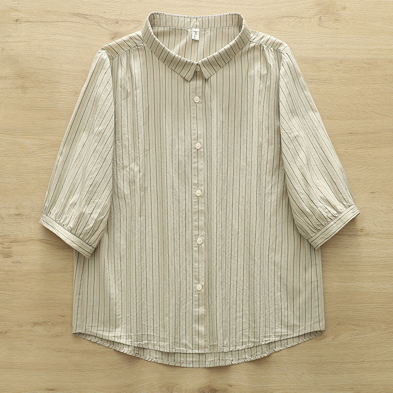 Fine Stripe Double Gauze Button Up Shirt - Tan - 5