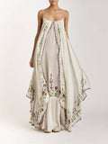 Embroidered Strappy Tiered Maxi Sundress - Beige