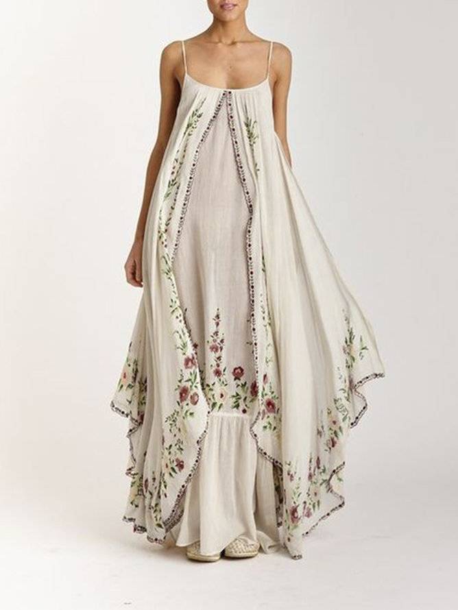 Embroidered Strappy Tiered Maxi Sundress - Beige