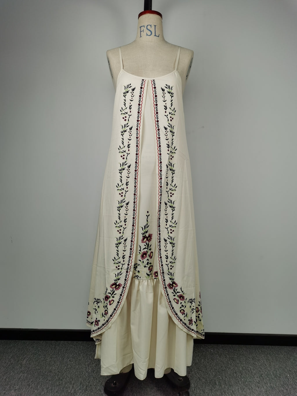 Embroidered Strappy Tiered Maxi Sundress - Beige - 1