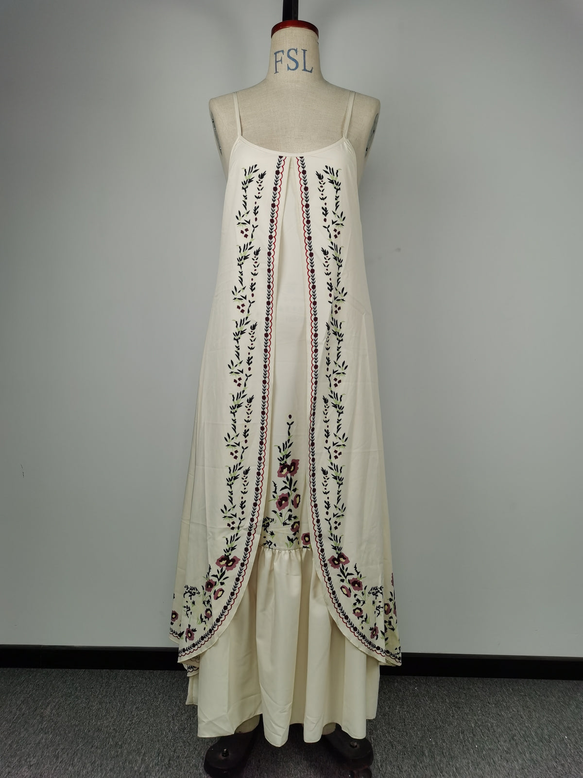 Embroidered Strappy Tiered Maxi Sundress - Beige - 1