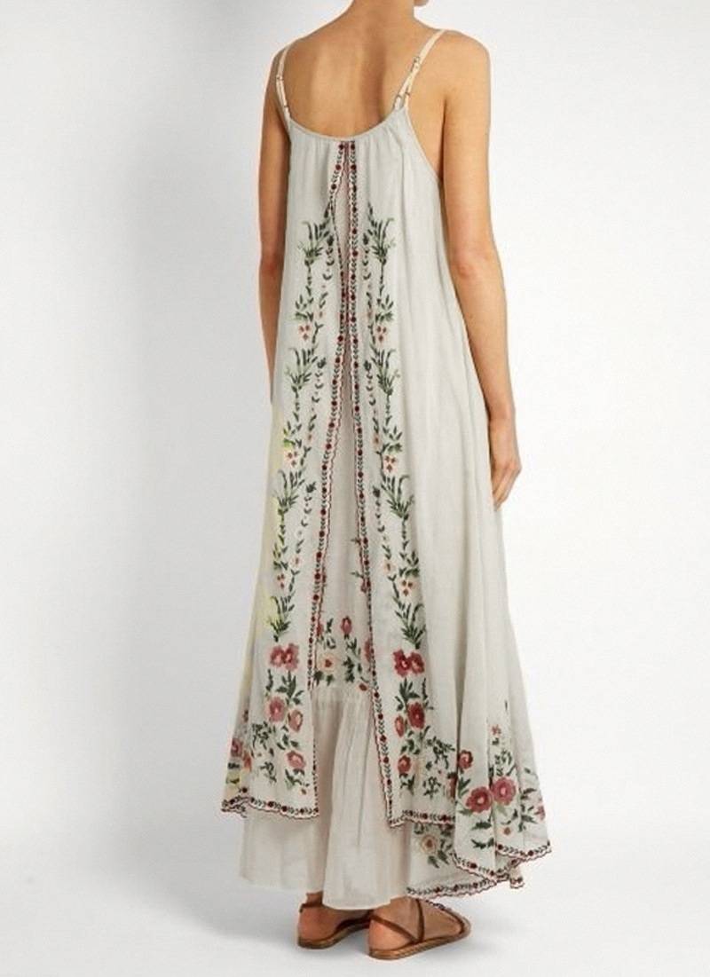 Embroidered Strappy Tiered Maxi Sundress - Beige - 2