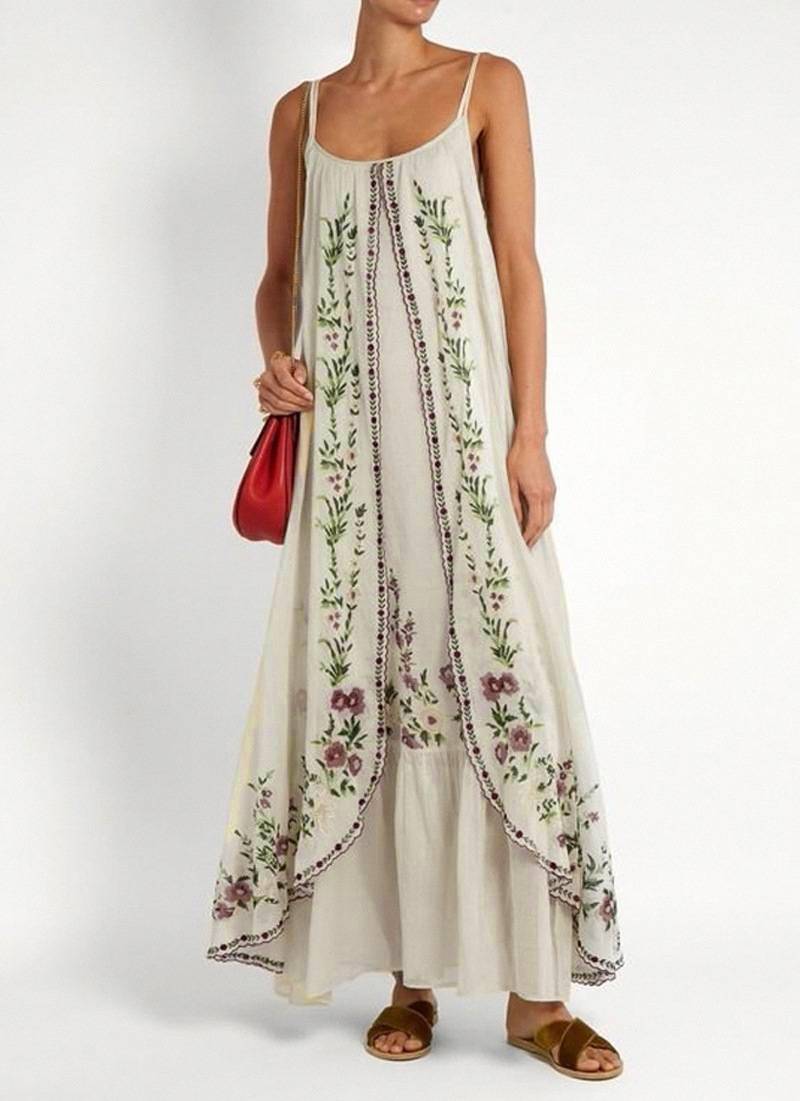 Embroidered Strappy Tiered Maxi Sundress - Beige - 4